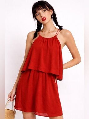 Madewell Red Layered Halter Mini Dress 100% silk